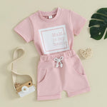 FOCUSNORM Toddler Baby Girl Outfit Newborn Girl Summer Clothes Short Sleeve T Shirt Checkerboard Top Set Elastic Waist Shorts (Cute Pink, 0-6 Months)