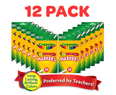 Crayola Fine Line Markers for Kids (12 Boxes), Bulk Coloring Markers for School, 10 Assorted Colors, Essential Teacher Classroom Supplies, Ages 3, 4, 5