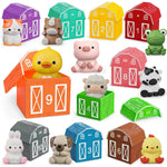 Set of colorful toy barns and farm animals on a white background