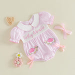 Lamuusaa Newborn Baby Girl Clothes Smocked Peter Pan Bubble Romper Turtle Embroidery Stripe Bodysuit Infant Summer Outfit (Pink, 0-3 Months)