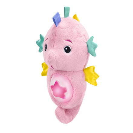 Pink plush axolotl toy with colorful spikes on a white background