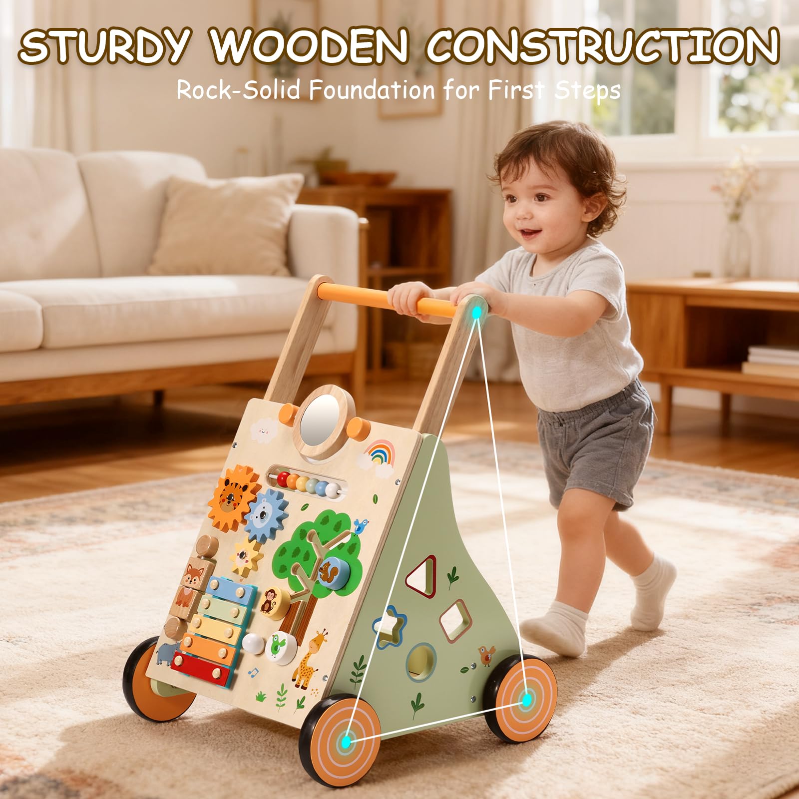 SainSmart Jr. Wooden Baby Walker, Adjustable Height and Speed Baby Push Walker, Montessori Activity Center for 6-12 Months, Push Walking Toys for 1 Year Old Boys Girls Learning to Walk, Animal Theme