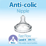 Dr. Brown’s Natural Flow® Level 4 Wide-Neck Baby Bottle Silicone Nipple, Fast Flow, 9m+, 100% Silicone Bottle Nipple, 6 Pack