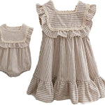 Ashmyova Toddler Girls Linen Summer Casual Dress Kids Vintage Ruffles Stripe Baby Rompers Dresses
