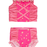 RuffleButts Girls UPF50+ Princess Dress-Up 2-Piece Swimsuit - Royal Pink Princess, 12-18 Months