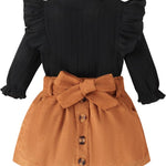 fhutpw Baby Toddler Girl Outfits Fall Winter Clothes Turtleneck Knitted Cotton Long Sleeves Tops & Button Mini Skirts Set