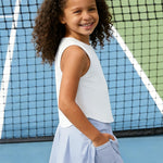 PATPAT Girls 2 Piece Tennis Skirt Set Size 10-11 White Tank Tops and Blue Skort Athletic Sets Sleeveless Shirts + High Waisted Pleated Skirt 2 Piece Outfits Girl Summer Clothes Workout Outfit