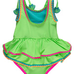 RuffleButts Girls UPF50+ Crochet Detail Peplum One Piece Swimsuit - Neon Honeydew, 2T