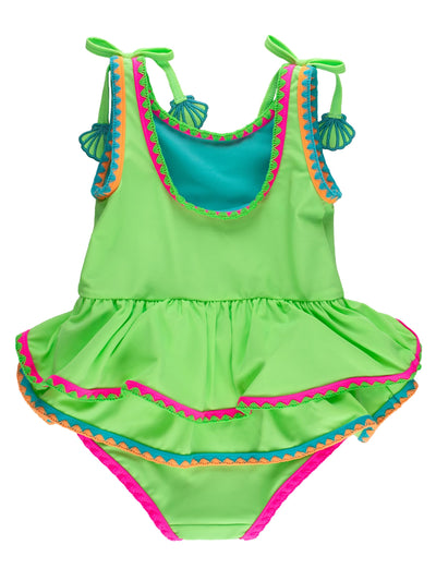 RuffleButts Girls UPF50+ Crochet Detail Peplum One Piece Swimsuit - Neon Honeydew, 2T