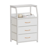 Furnulem White Nightstand with 3 Drawers and 2-Tier Shelf, Small Night Stand End Table Side Furniture, Fabric Storage Organizer for Bedroom, Closet, Hallway, Nursery, Sturdy Steel Frame, Wood Top