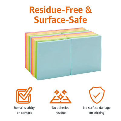 Amazon Basics Square Sticky Notes for Organizing, Reminders, To Do Lists, Clean Removal, 3"x3", 24-Pack, Assorted Colors