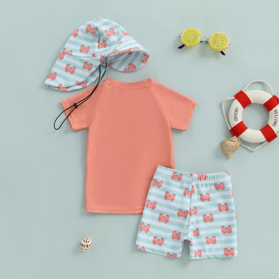DuAnyozu Baby Boys Swimsuit Long Sleeve Rash Guard Swimwear Baby Boy Gril Swim with Hat Set 3-Piece Toddler Bathing Suit (S-Orange, 12-18 Months)
