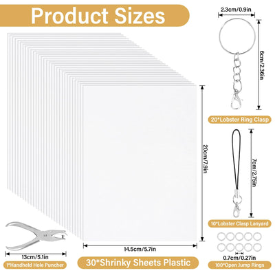 CRTWDMAN 161 Pcs Shrink Paper Keychain Kit,with 30 Pcs Shrinky Plastic Sheets 7.9"x5.7",Hole Punch,Lobster Clasps,Jump Rings DIY Crafts for Adults and Teens