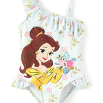 Disney Princess Belle Swimsuits for Girls UPF 50+ One Piece Bathing Suits Floral Print Ruffle One Shoulder Summer Beach Swimwear Quick Dry for Toddler Girls Size 2T Baby Blue
