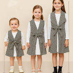 PATPAT Girls Spring Fall Outfit – Ribbed Knit Dress with Classic Plaid Cardigan – School & Photo Day Clothes, White Houndstooth, 5–6 Years
