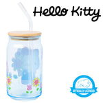 Silver Buffalo Sanrio Hello Kitty Spring Garden Flowers Blue Glass Jar Tumbler with Bamboo Lid and Glass Straw, 16 Ounces