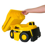 Yellow toy dump truck with open lid on a white background