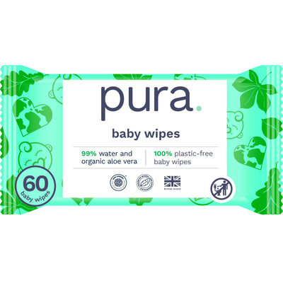 Pura baby wipes packaging with green design and text on a white background