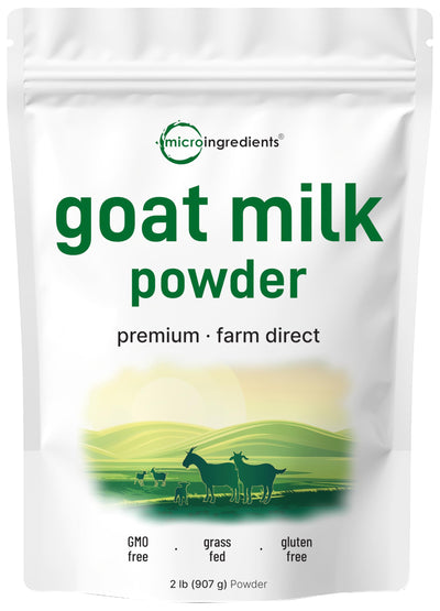 Package of goat milk powder with green text and imagery on a white background