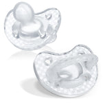 Two clear baby pacifiers on a white background