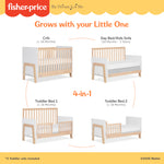 Dream On Me Fisher-Price Iris 4-in-1 Convertible Full-Size Baby Crib in Vintage White Oak, GreenGuard Gold & JPMA, Sustainable Pinewood, Converts to Day & Toddler Bed with Guard Rails & Kids Sofa