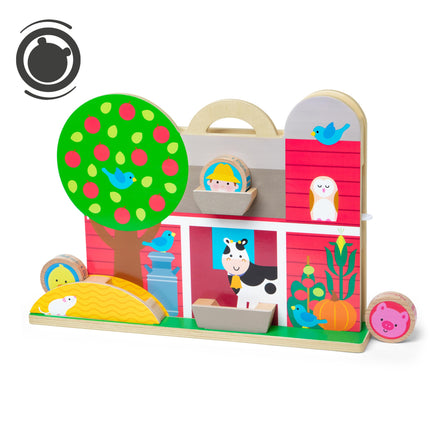 Colorful wooden farm toy with animals and a tree on a white background