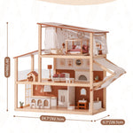 ROBOTIME Wooden Dollhouse, Doll House for Girls – 3-Story Bohemian Style Doll House with 37- Piece Furniture & Awning, Pretend Play Wooden Dollhouse Gift for Kids Ages 3+