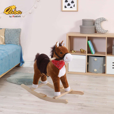 Qaba Kids Ride on Rocking Horse Plush Toy with Realistic Sounds and Red Scarf for Over 3 Years Old Birth Gift