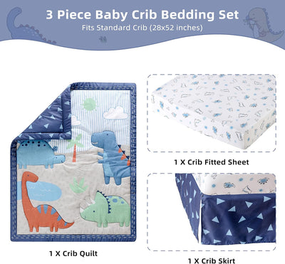YCDTMY 3 Piece Crib Bedding Set for Boys - Baby Crib Dinosaur Bedding Set with Fitted Crib Sheet, Dust Ruffle Comforter, for Newborn, Infant & Toddler