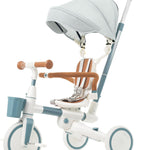 7 in 1 Toddler Tricycle with Parent Push Handle, Removable Pedals & Canopy, 5-Point Safety Harness - Portable Folding Trike Bike for Kids Ages 1-6 Years Old (Ivory and Brown)