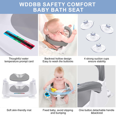 Wddbb Baby Bath seat for Babies 6 Months & up, 360° Stable Toddler Bath Chair with one-Touch Button, Back Hollow Design, Water Temperature Card & 4 Suction Cups for Safety (Gray)