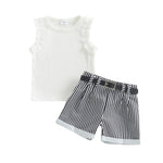 FOCUSNORM Toddler Baby Girl Summer Clothes Solid Sleeveless Ruffle Tank Top and Striped Short Set Newborn Infant Girl Outfits (Stripe White, 2-3T)