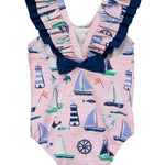 RuffleButts Girls UPF50+ Sun Protection Ruffle V-Back One Piece Swimsuit - Pink Sweet Sails, 3-6m