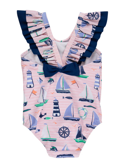 RuffleButts Girls UPF50+ Sun Protection Ruffle V-Back One Piece Swimsuit - Pink Sweet Sails, 3-6m