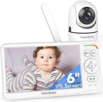 Baby monitor with a screen displaying a baby and the brand 'HelloBaby' on a white background.