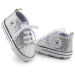 KKIIDDSS Unisex Baby Girls Boys Canvas High-top Shoes, Newborn Infant Anti-Slip Soft Sole Frist Walking Sneakers (B02/Sequin Silver, 12-18 Months)