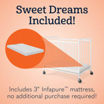 Foundations Chelsea Clearview Metal Compact Daycare Crib, 3" Casters, Compact Mini Size, Easy to Clean Durable Finish, Adjustable to Two Heights Mattress Board (White)