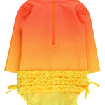RuffleButts Baby Girls UPF 50+ Sun Protection Novelty Print Long Sleeve One Piece Rash Guard Swimsuit with Zipper - Neon Citrus Sunrise, 2T