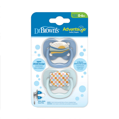 Dr. Brown's Advantage Baby Pacifier, Fully Symmetrical Soother with Soft Silicone Bulb, Blue Sunrise, 0-6m, BPA Free, 2 Pack