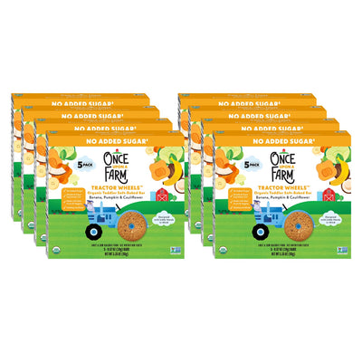 Multiple boxes of Once Farm Tractor Wheels snacks on a white background