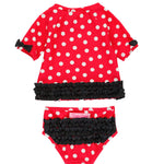 RuffleButts Girls UPF50+ Sun Protected Short Sleeve Rash Guard Bikini - Red Vintage Polka Dot, 3-6m
