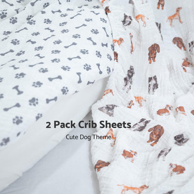LollyBanks Muslin Crib Sheets 2 Pack, 100% Cotton Baby Crib Sheets for Boys and Girls, Soft and Breathable Neutral Baby Fitted Sheet for Standard 52"x28" Mattress, Registry (Dogs and Paws Design)
