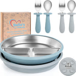 Baby Feeding Set| 2 Pack Stainless Steel Divided Suction Plate, 2 Set Toddler Spoons & Forks|BPA&LFree, Baby Led Weaning Supplies for Toddler Utensils Baby Feeding Essentials,grey blue