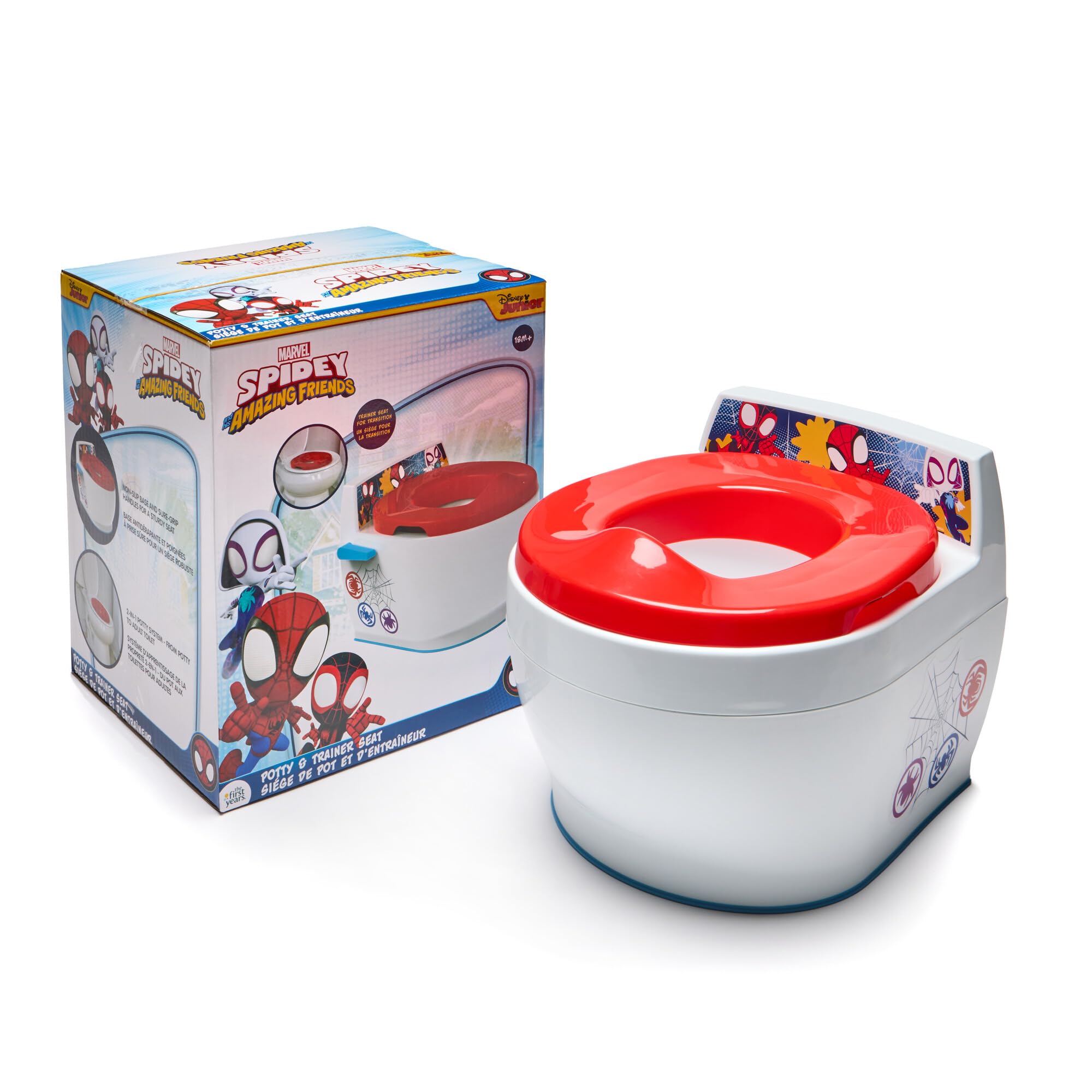The First Years Spidey and his Amazing Friends Potty Training Toilet - 2-in-1 Potty & Removable Toddler Toilet Seat Attachment with Flush Sounds - Includes Anti-Splash Seat and Non-Slip Grip