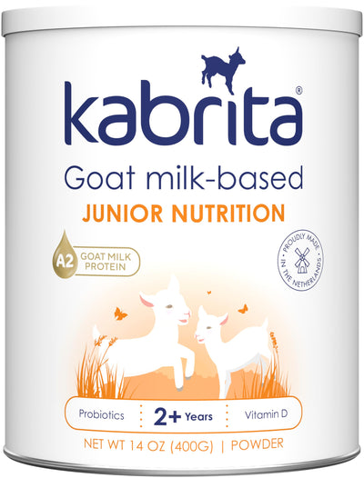Kabrita goat milk-based junior nutrition powder can on a white background