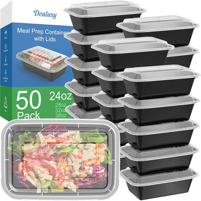Meal prep containers with lids in black and clear, displayed with packaging labeled 'Dealusy' and '50 Pack'.