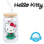 Silver Buffalo Sanrio Hello Kitty in Christmas Tree Holiday Dress Glass Jar Tumbler with Bamboo Lid and Glass Straw, 16 Ounces