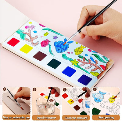 JUNQIU Water Color Paint Sets for Kids, Paint With Water Books for Kids Ages 4-8, Pocket Watercolor Painting Book, Arts and Crafts Kit for Girls Boys Coloring with Brush