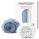 Momcozy Muslin Mini Crib Sheets Fitted - 38''x26'' Pack and Play Sheets for Pack N Play Mattress, 2 Pack Soft & Breathable Natural Cotton Non Slip Bed Cover for Boys, Girls, Blue Star Moon