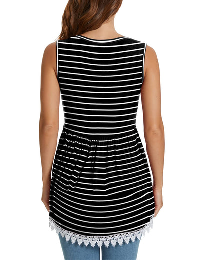 Xpenyo Womens Maternity Tank Top Sleeveless Lace Crochet Trim Peplum Cami Shirts Black White Striped M